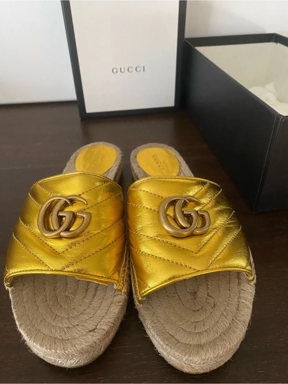 Gucci Metallic Gold Quilted GG Espadrille Slide Mules
